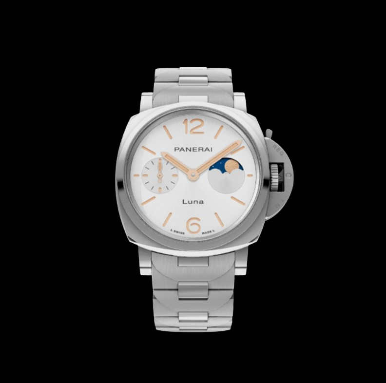 Silver Panerai watch with a white face on a black background