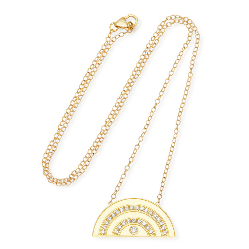 gold necklace with gold and diamond rainbow shaped pendant