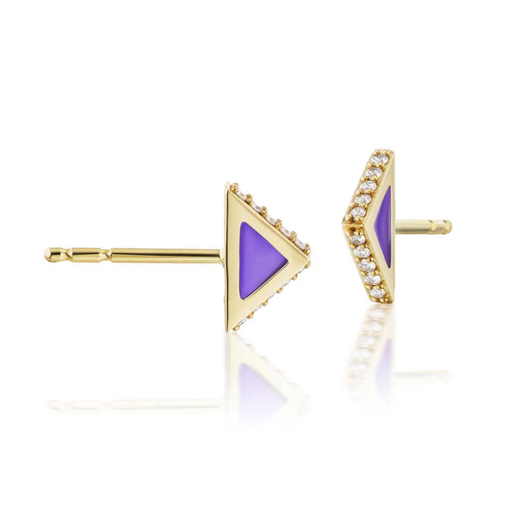 purple gold and diamond triangle stud earrings
