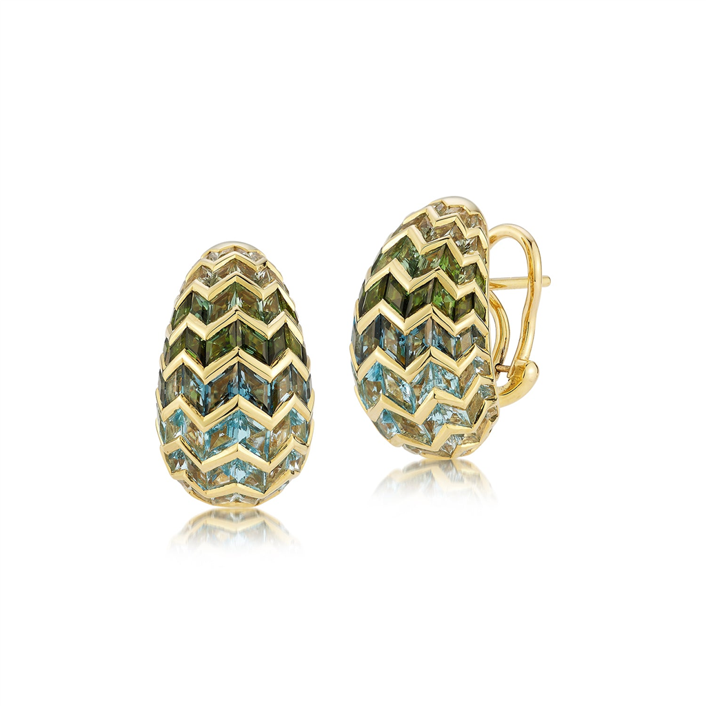 Dome gold and shades of green gem earrings with zigzag design