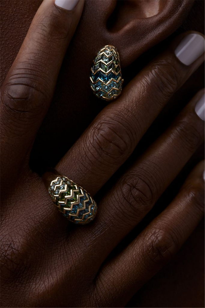 closeup of dome ring and earrings with zigzag pattern