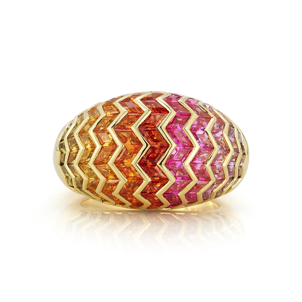 front view of gold and colorful gem ring