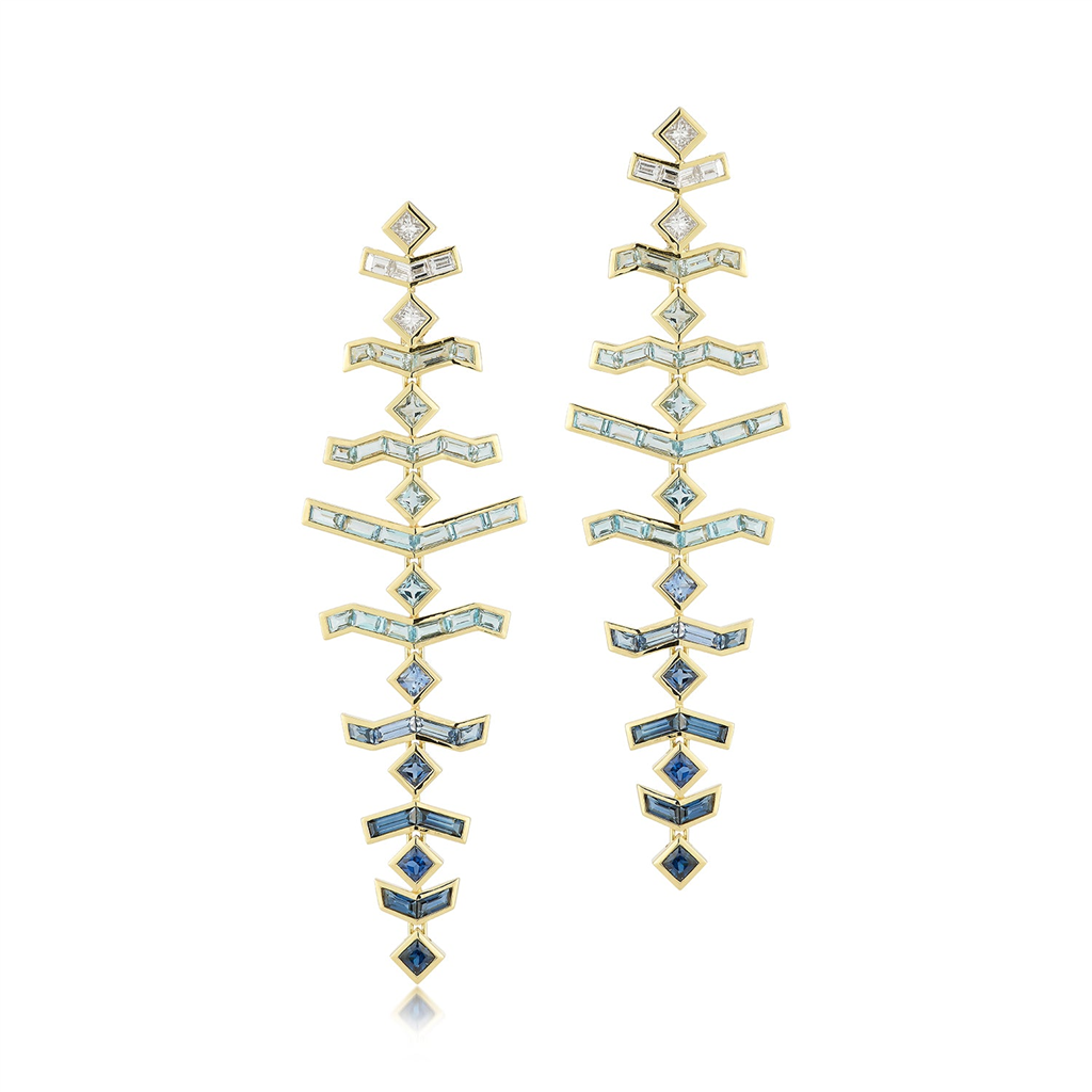 dangling gold and shades of blue gem earrings