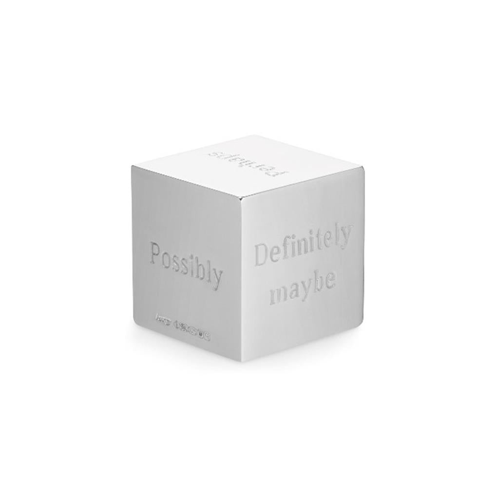 sterling silver decorative dice with words on each side such as possibly, and definitely maybe