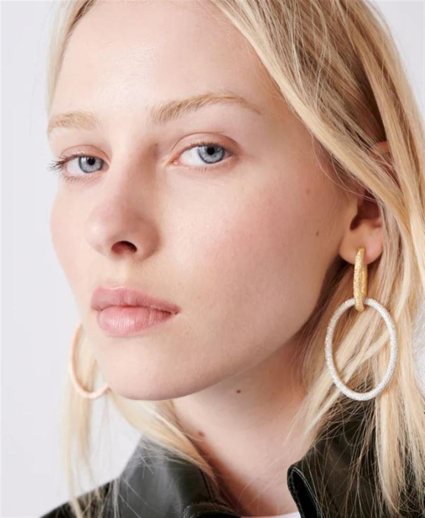 Model wearing florentine finish yellow and white gold oval link earrings