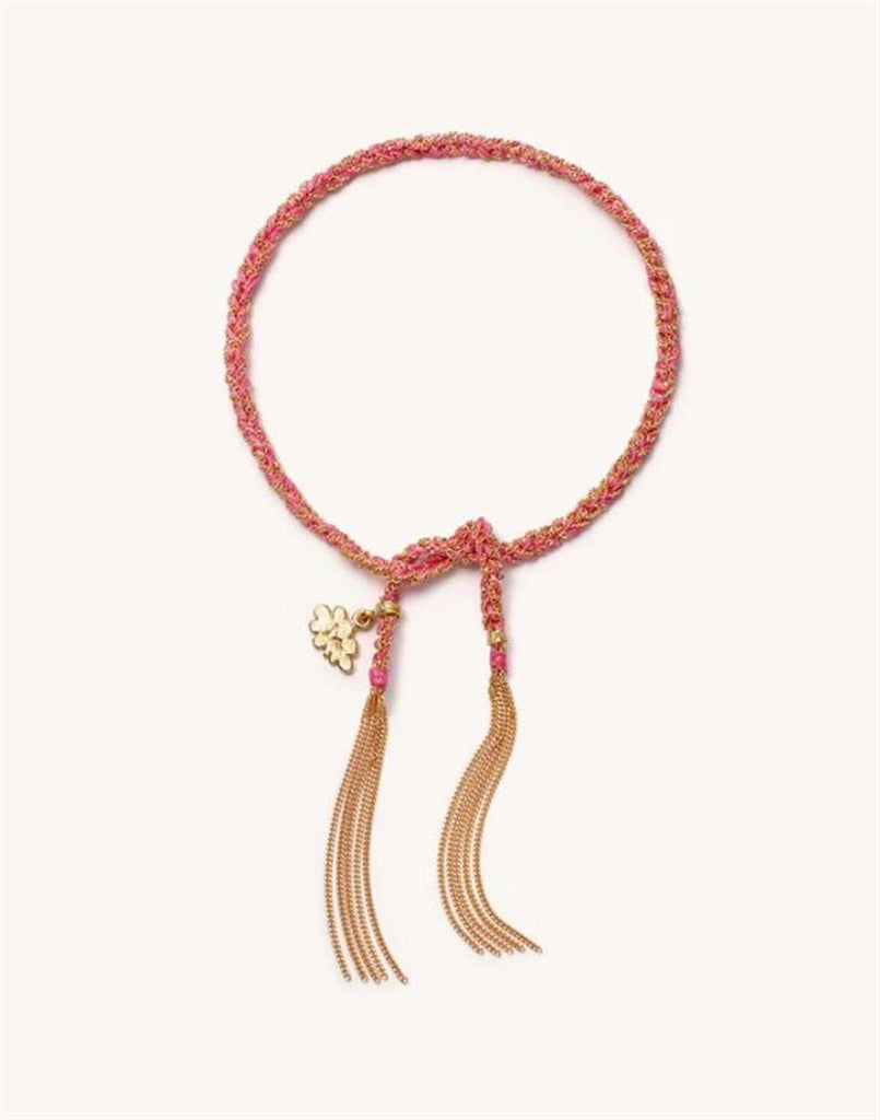 pink silk and gold rope bracelet with gold cloud shaped charm