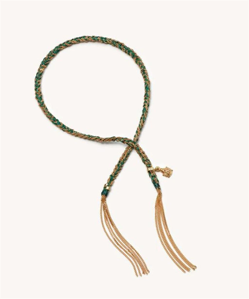 Forest green silk and gold rope bracelet with gold charm