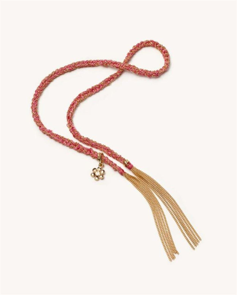 pink silk and gold rope bracelet with flower gold charm