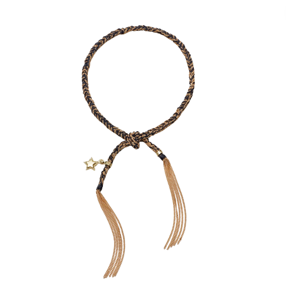 Black silk and gold rope bracelet with gold star charm