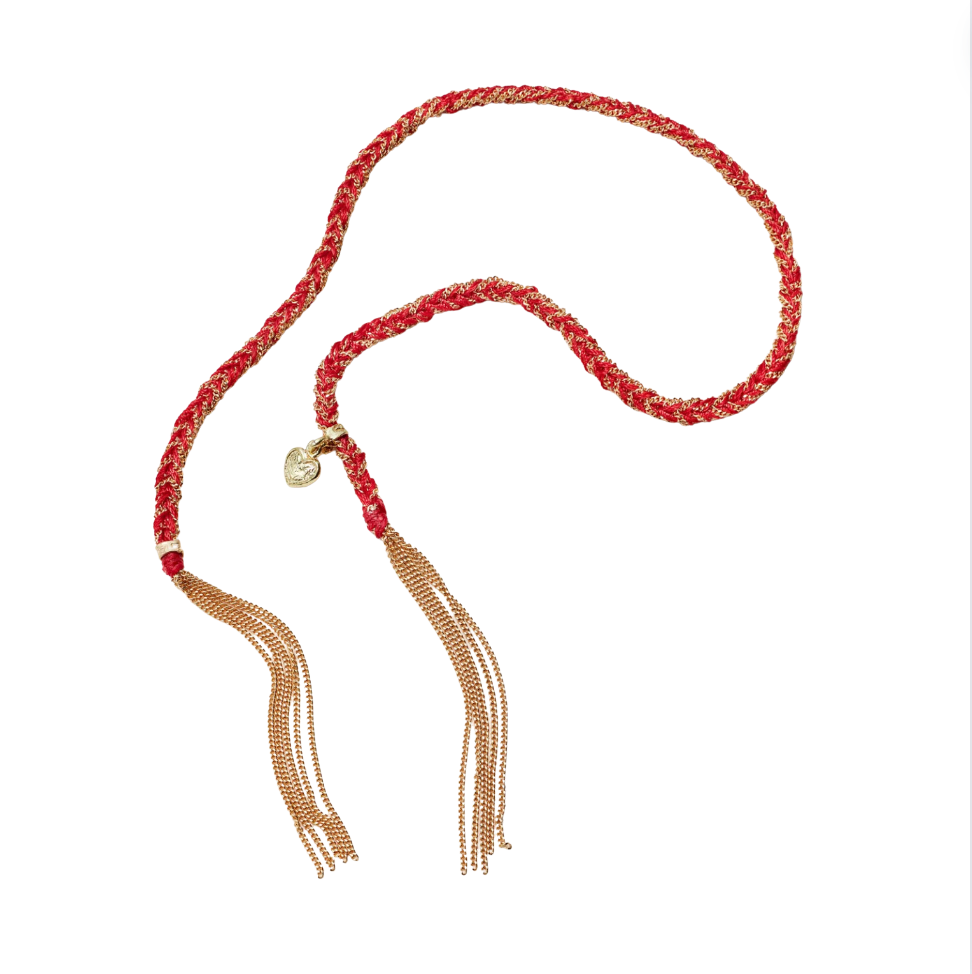 Red silk and gold bracelet with heart charm