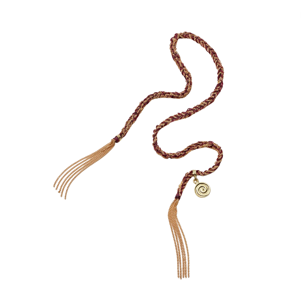Burgundy silk and gold rope bracelet with gold charm