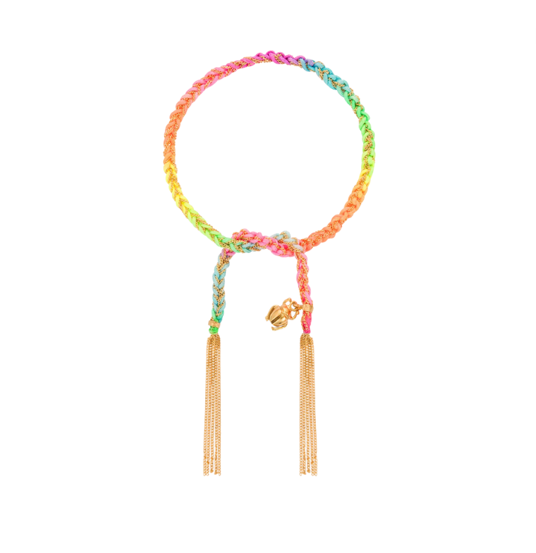Neon colored silk rope bracelet with gold charm