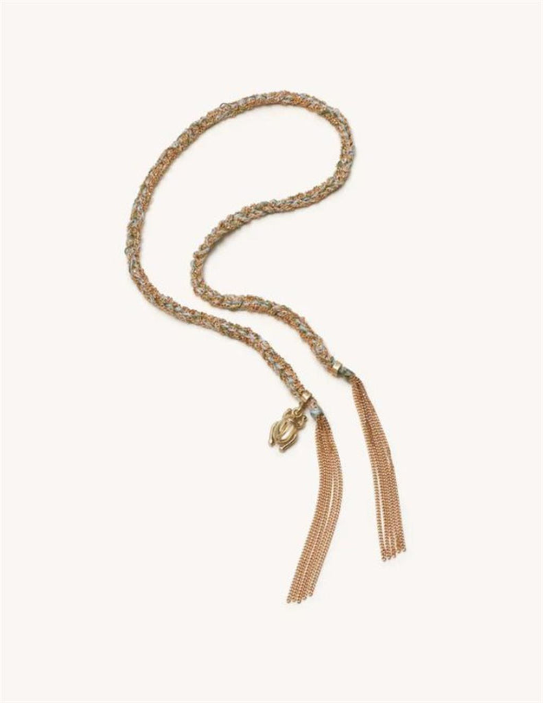 Gray silk and gold rope bracelet with gold charm