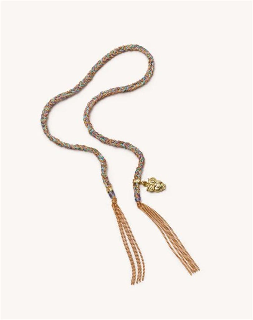 Purple and turquoise silk and gold rope bracelet with gold owl charm