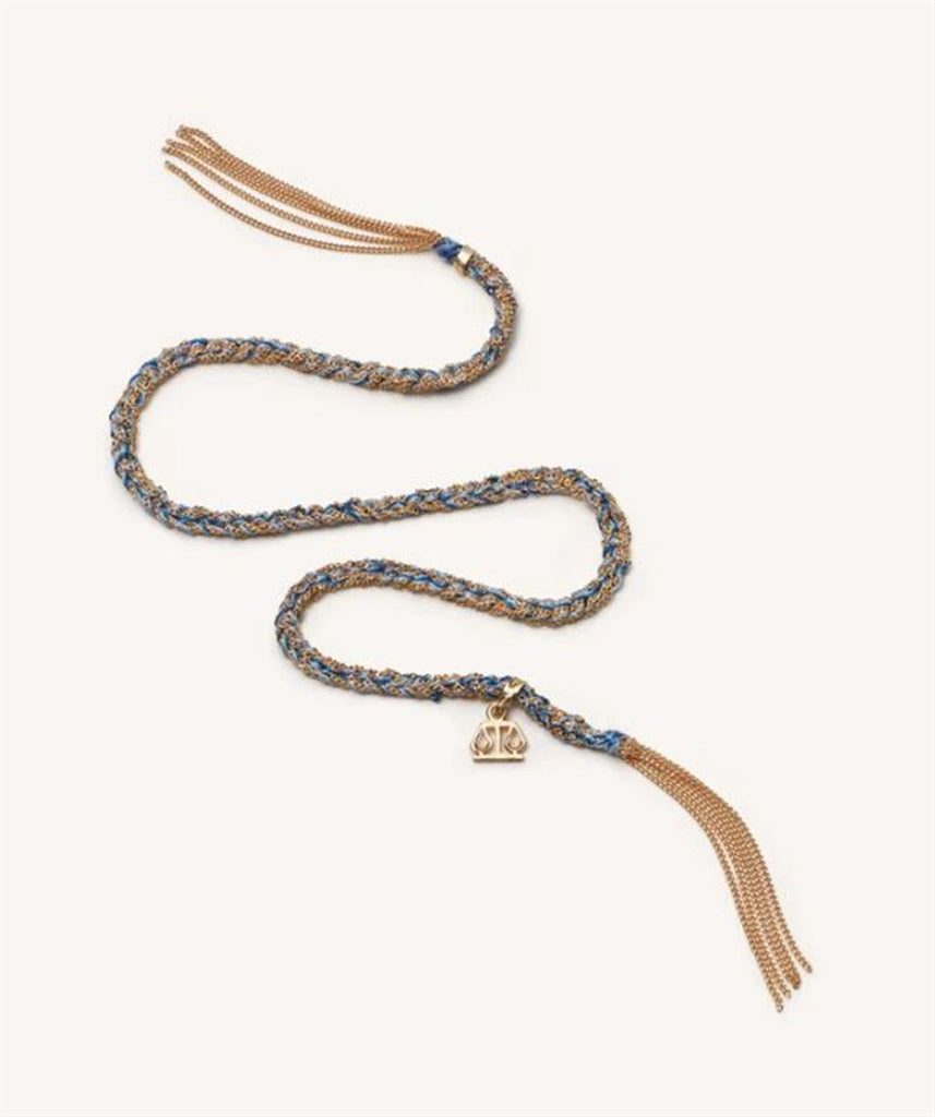 Denim colored and gold silk rope bracelet with gold charm