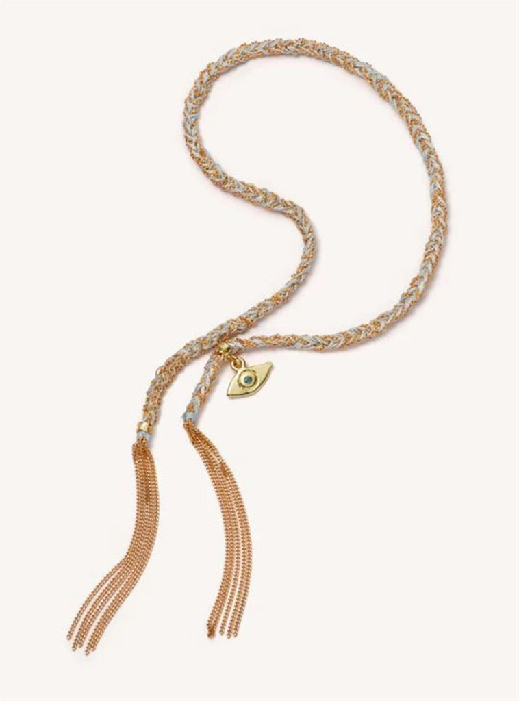 Gray silk and gold rope bracelet with eye shaped gold charm