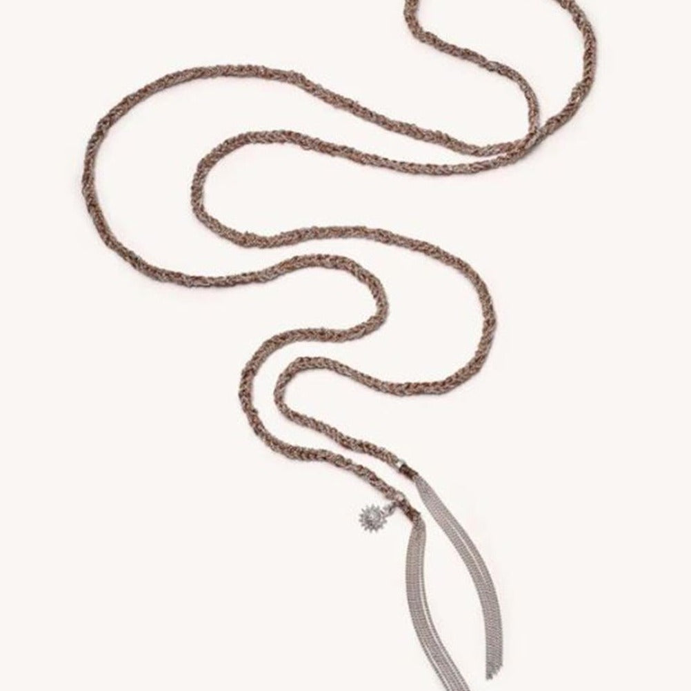 gray and gold silk rope necklace with silver sun charm