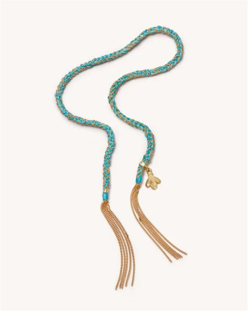 blue silk and gold rope bracelet with gold  bee charm