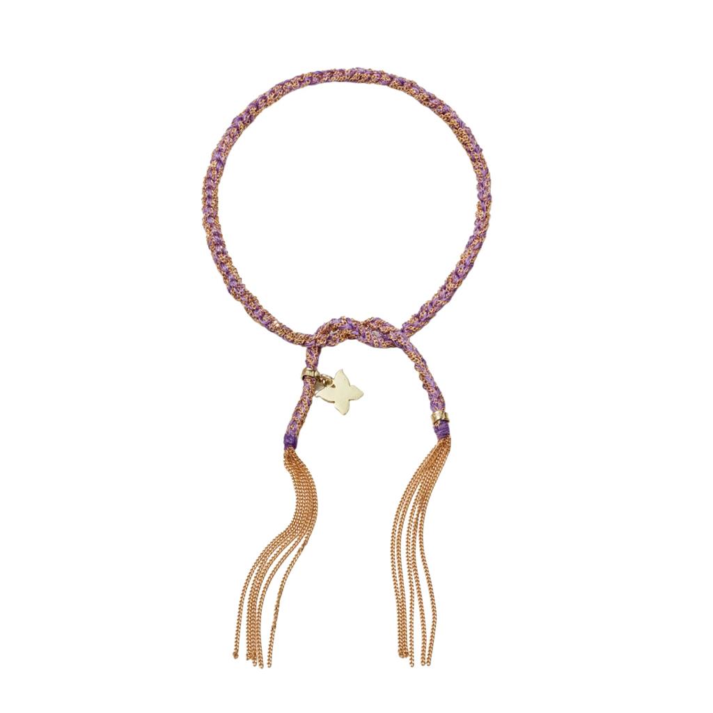 lavender silk and gold rope bracelet with freedom gold charm