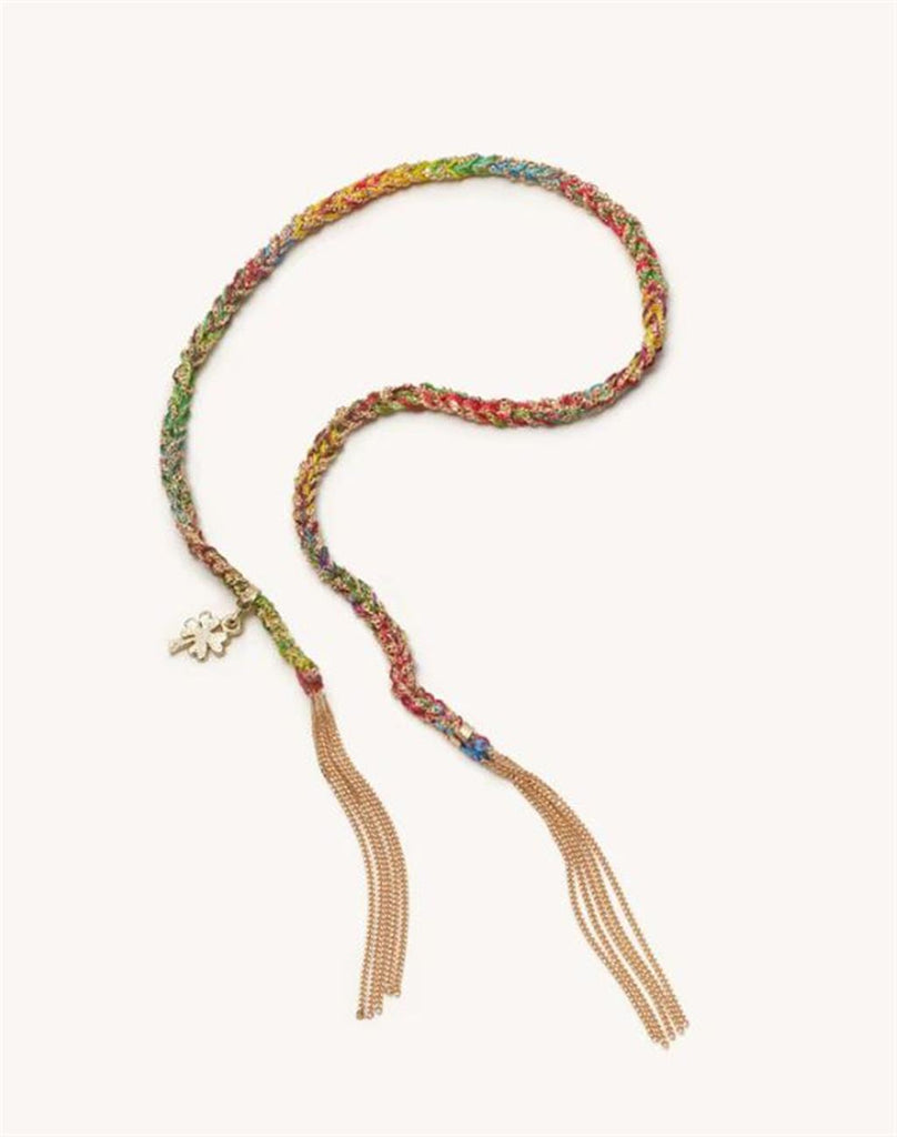 Rainbow colored silk rope bracelet with gold four leaf clover charm