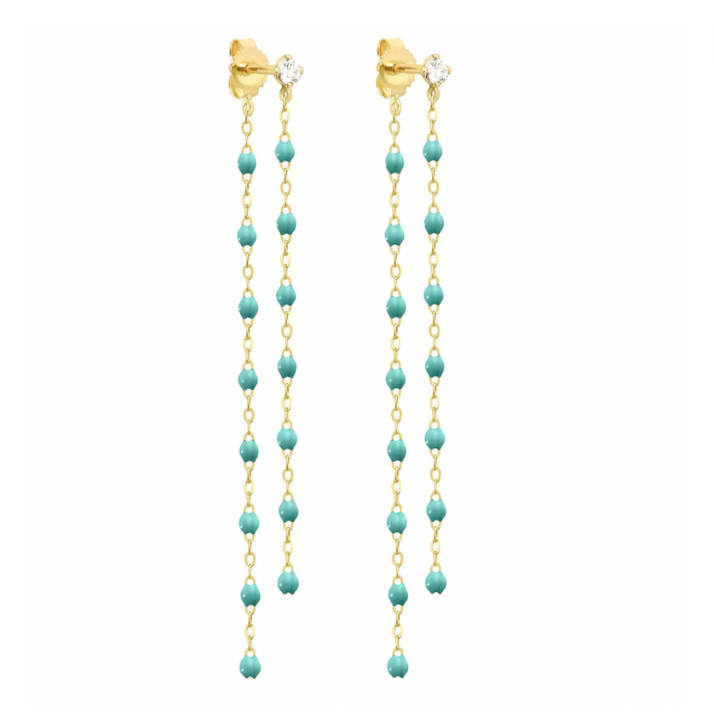gold dangling earrings with turquoise green beads