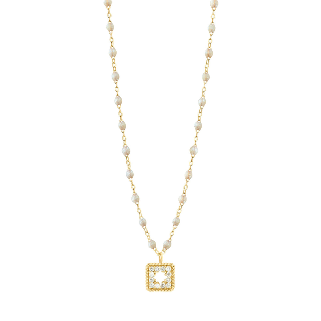DAINTY gold and opal beaded necklace with diamond pendant in gold square