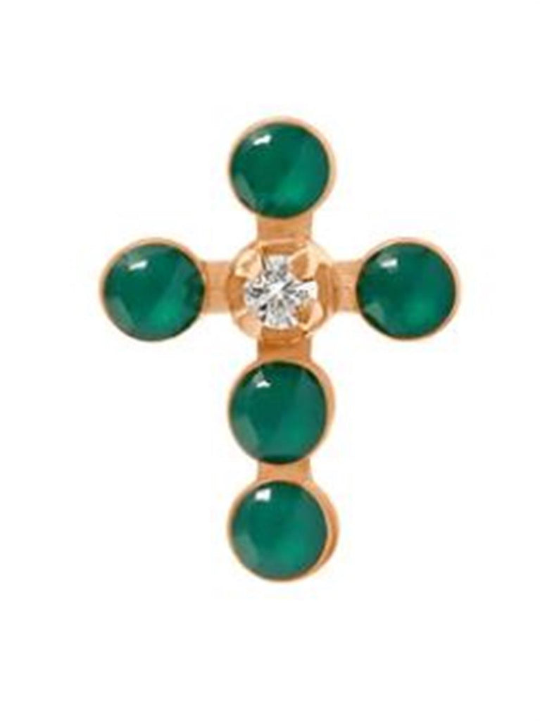 cross pendant with center diamond and 5 emeralds