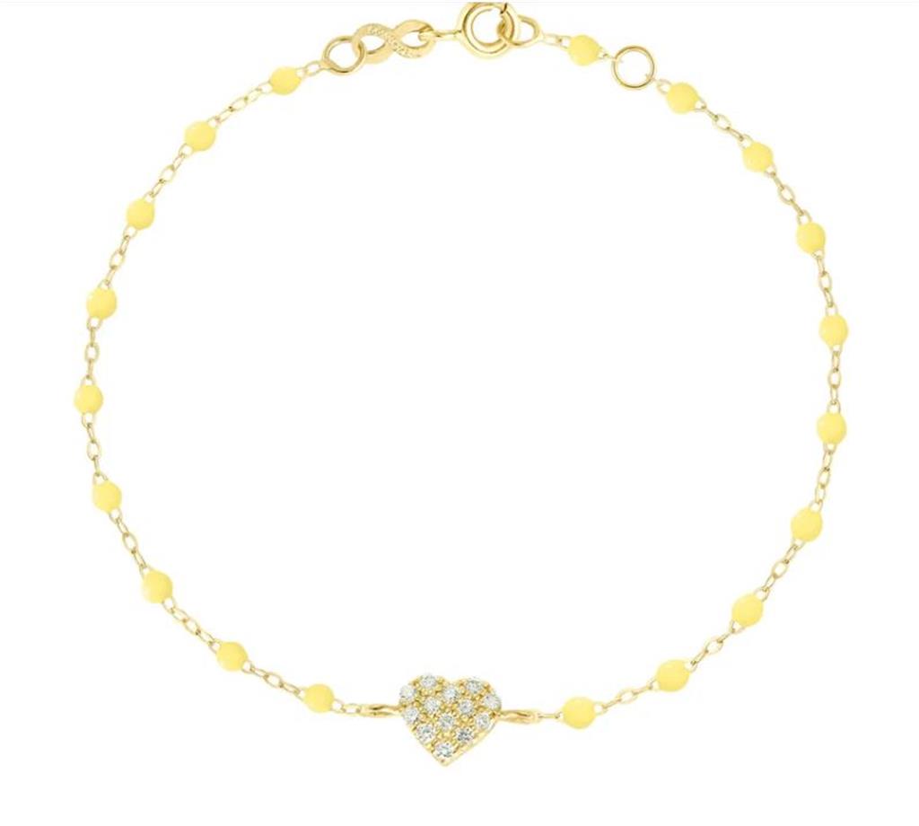 dainty gold and yellow beaded bracelet with heart charm with small diamonds