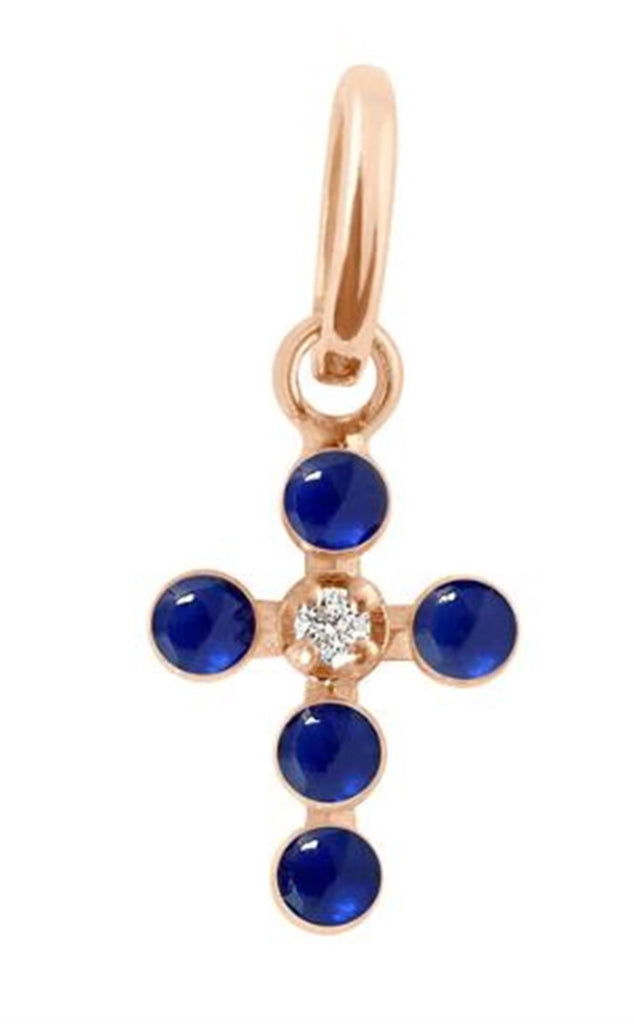 gold and lapis cross charm with diamond in center