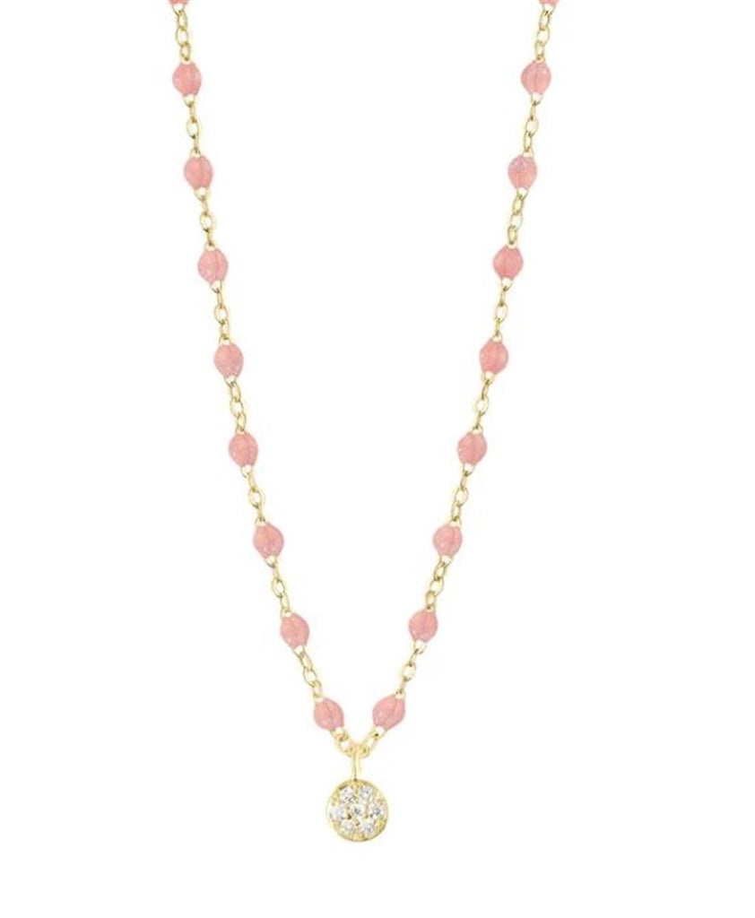 dainty gold and pink beaded becklace with diamond pendant