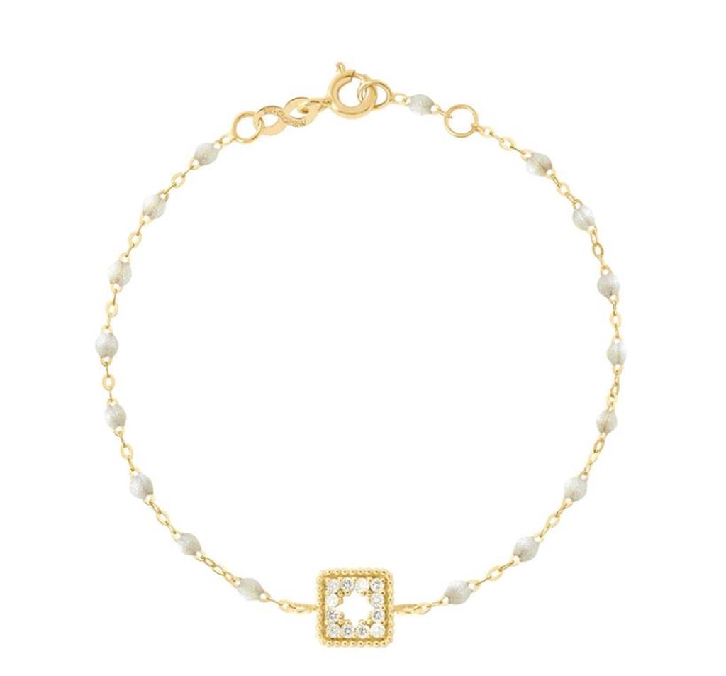 white dainty opal beaded bracelet with square and diamond gold center 