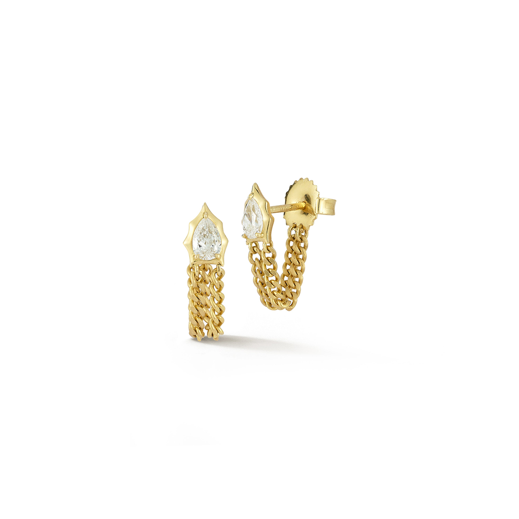 earrings with gold chain loops and pear cut diamonds
