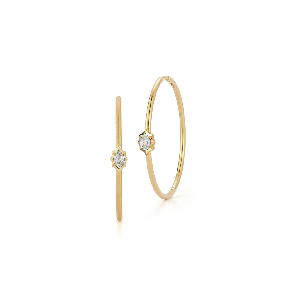 gold hoop earrings with single marquis cut diamond