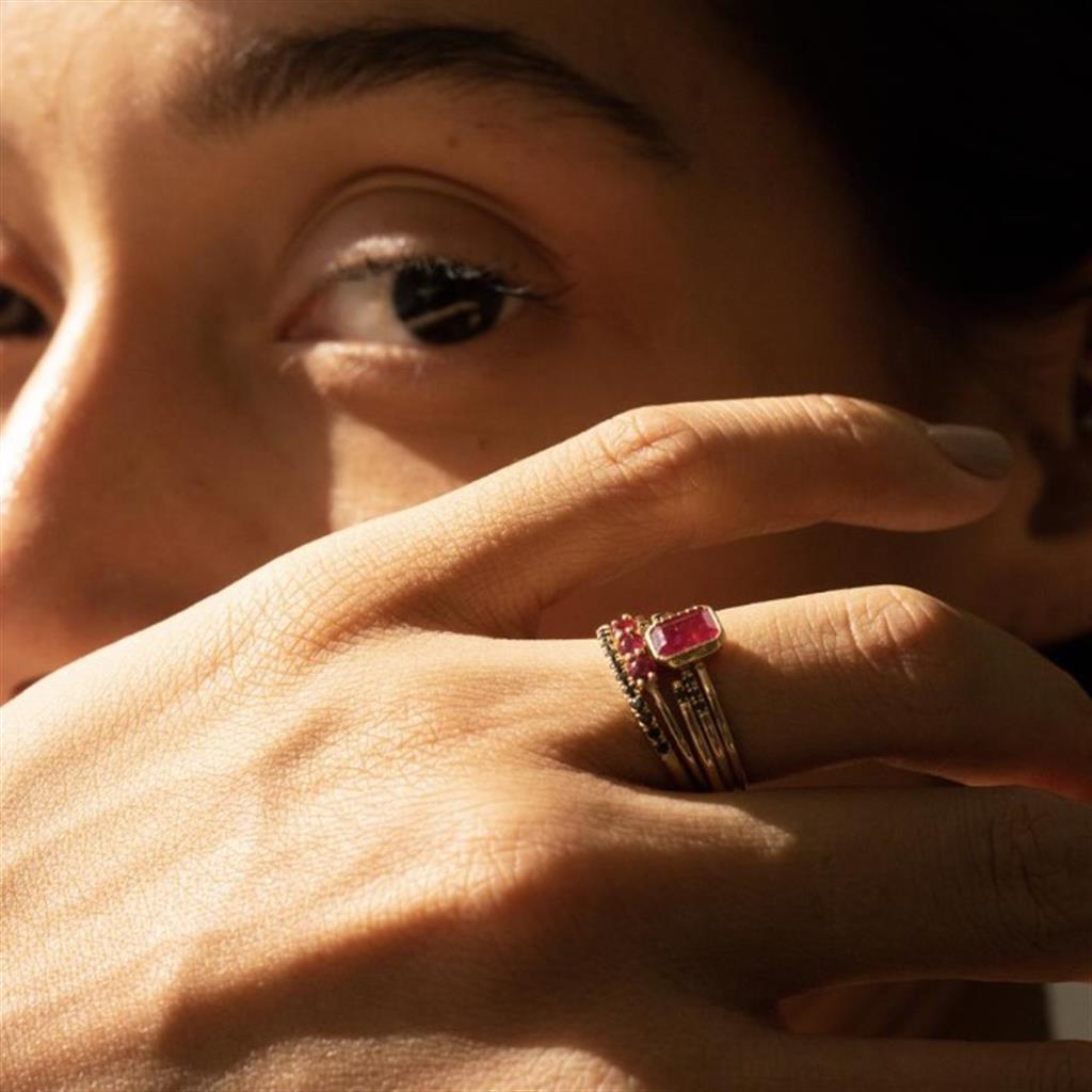 model wearing ruby ring