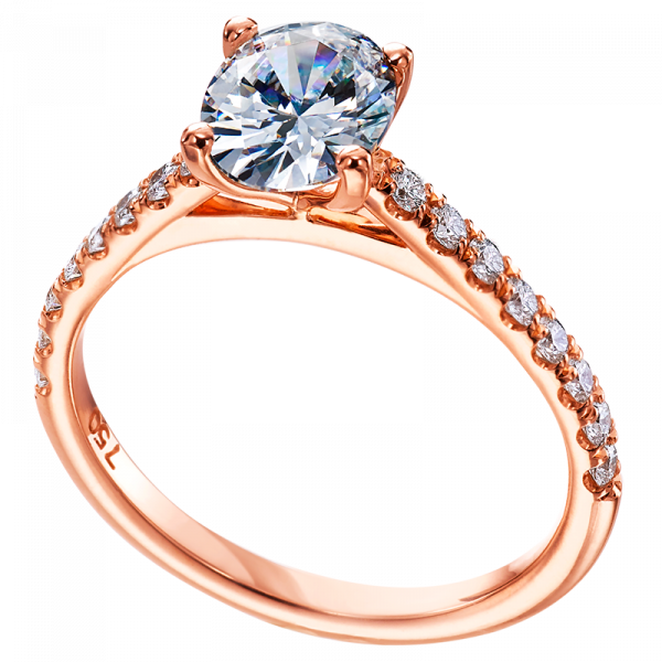 This micro pave diamond halo engagement ring has a high polish rose gold hank. The halo has 16 round brilliant cut diamonds weighing 0.13 carats total