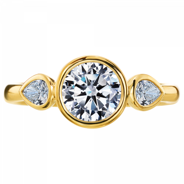 top view of This 18-karat yellow gold engagement ring features 2 pear-shaped diamonds surrounding a round, brilliant-cut diamond all in a bezel set.
