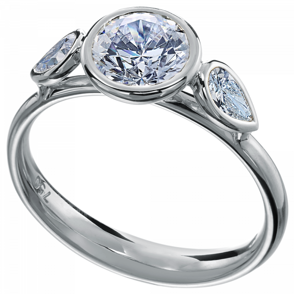 platinum engagement ring features 2 pear-shaped diamonds surrounding a round, brilliant-cut diamond all in a bezel set.