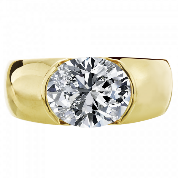 18 karat yellow gold engagement ring features an east west set oval center diamond and 24 round brilliant cut diamonds weighing 0.15 carats.