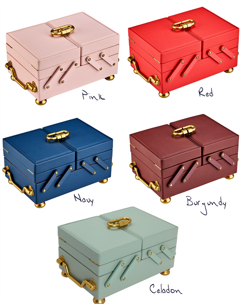 shows 5 jewelry boxed of varying colors