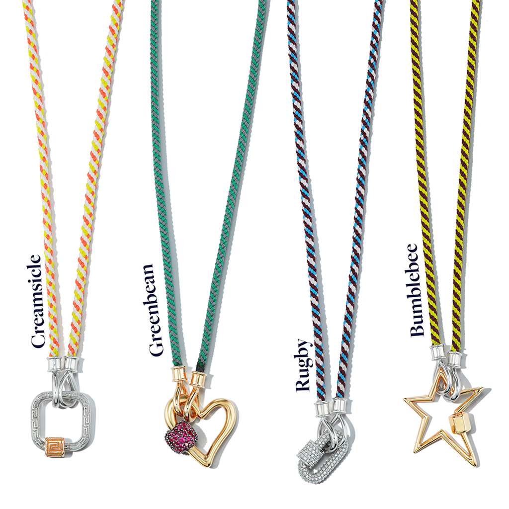 4 string chord necklaces with varying gold and silver pendant locks labeled from left to right: Creamsicle, Greanbean, Rugby, and Bumblebee