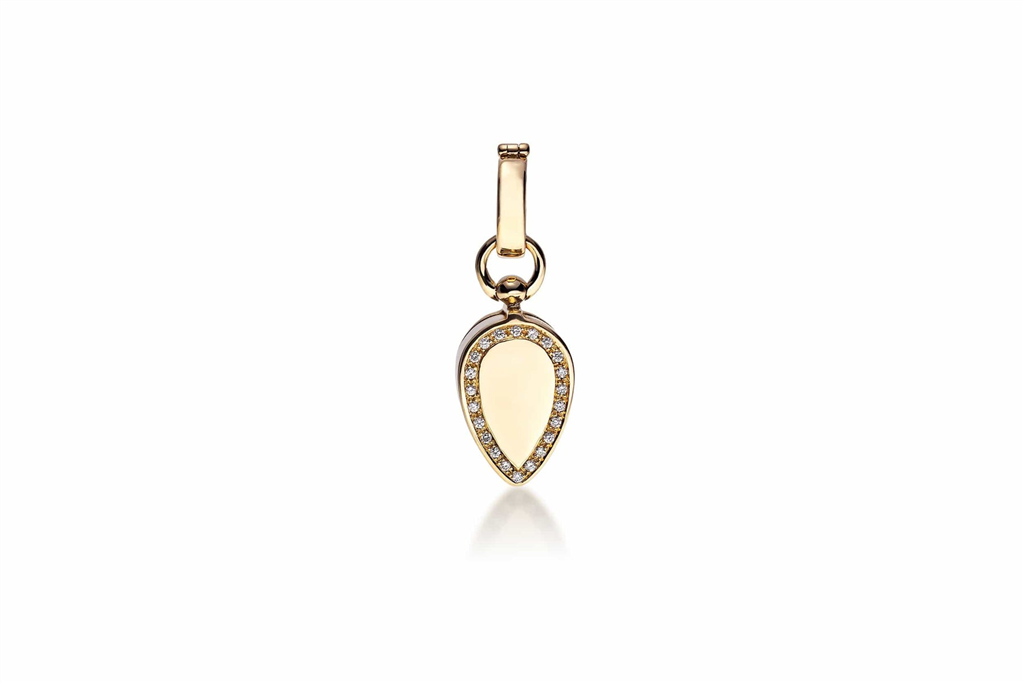 gold and diamond charm in upside down tear drop shape