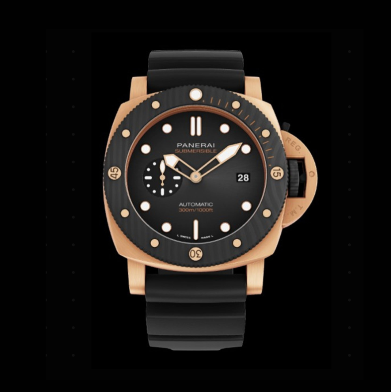 Panerai watch with black and gold design on a black background