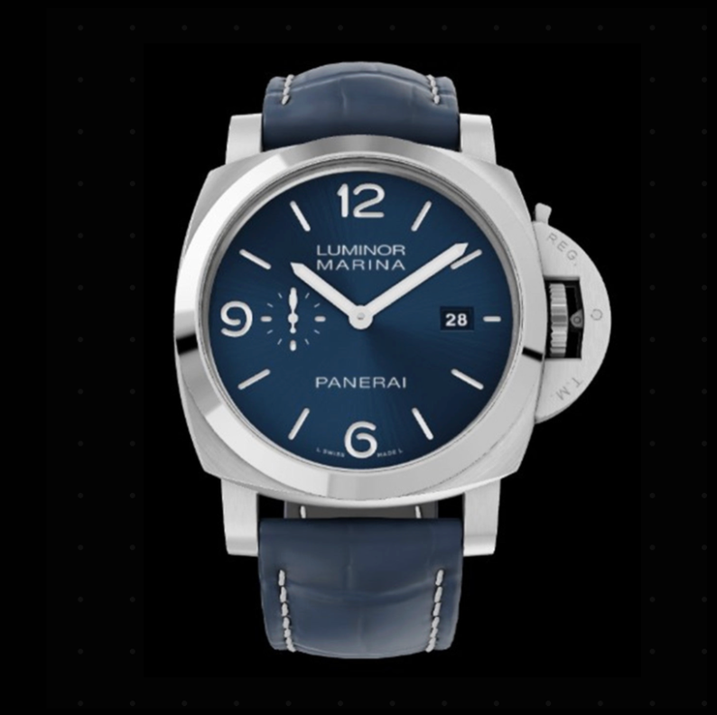 Panerai watch with blue face and leather strap on a black background