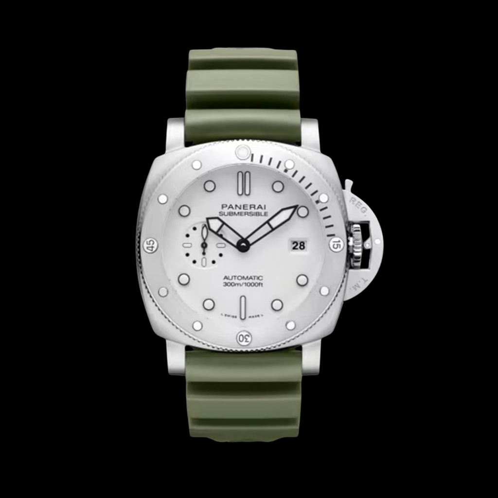 Panerai watch with green strap on a black background