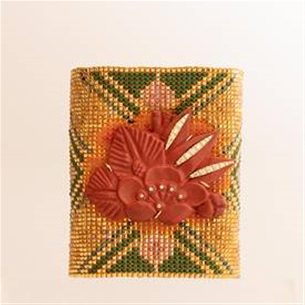 Bracelet with Diamond, Carved Laquer Flower & Bead Mesh