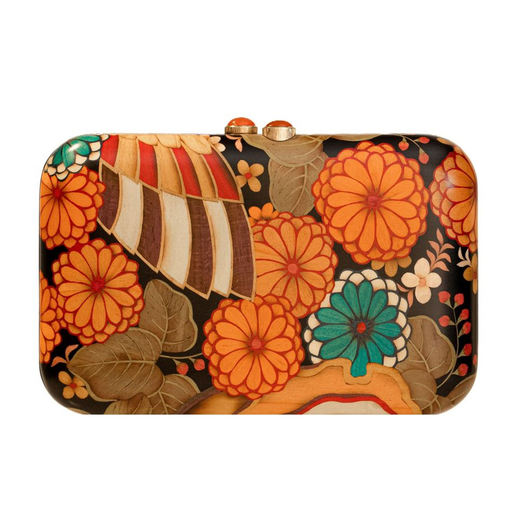 Marquetry Clutch with Carnelian and Chrysanthemum Pattern