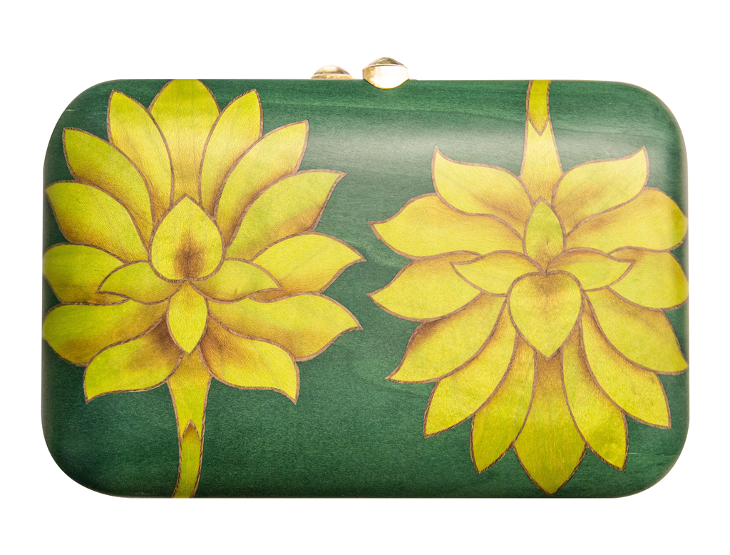 Marquetry Clutch with green background and bright yellow flowers