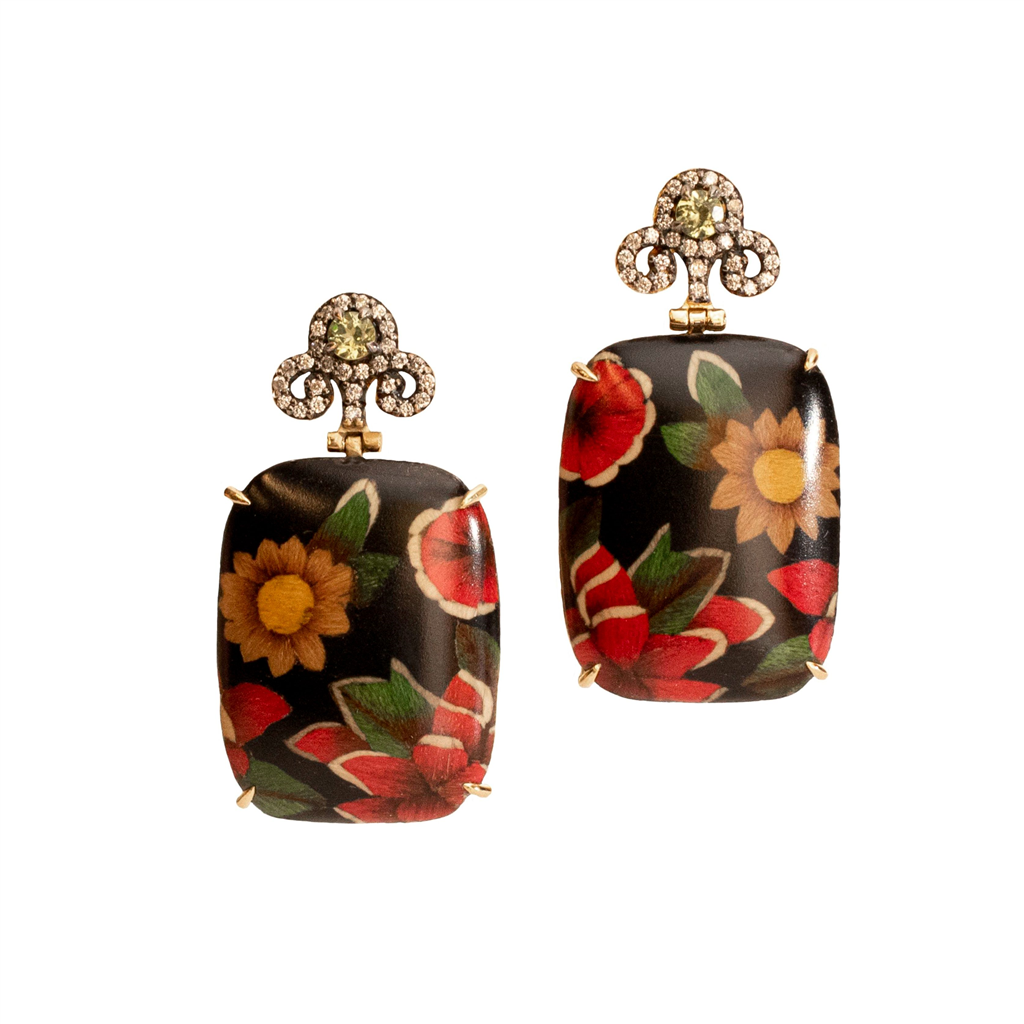 Marquetry Earrings with Diamonds and Peridot