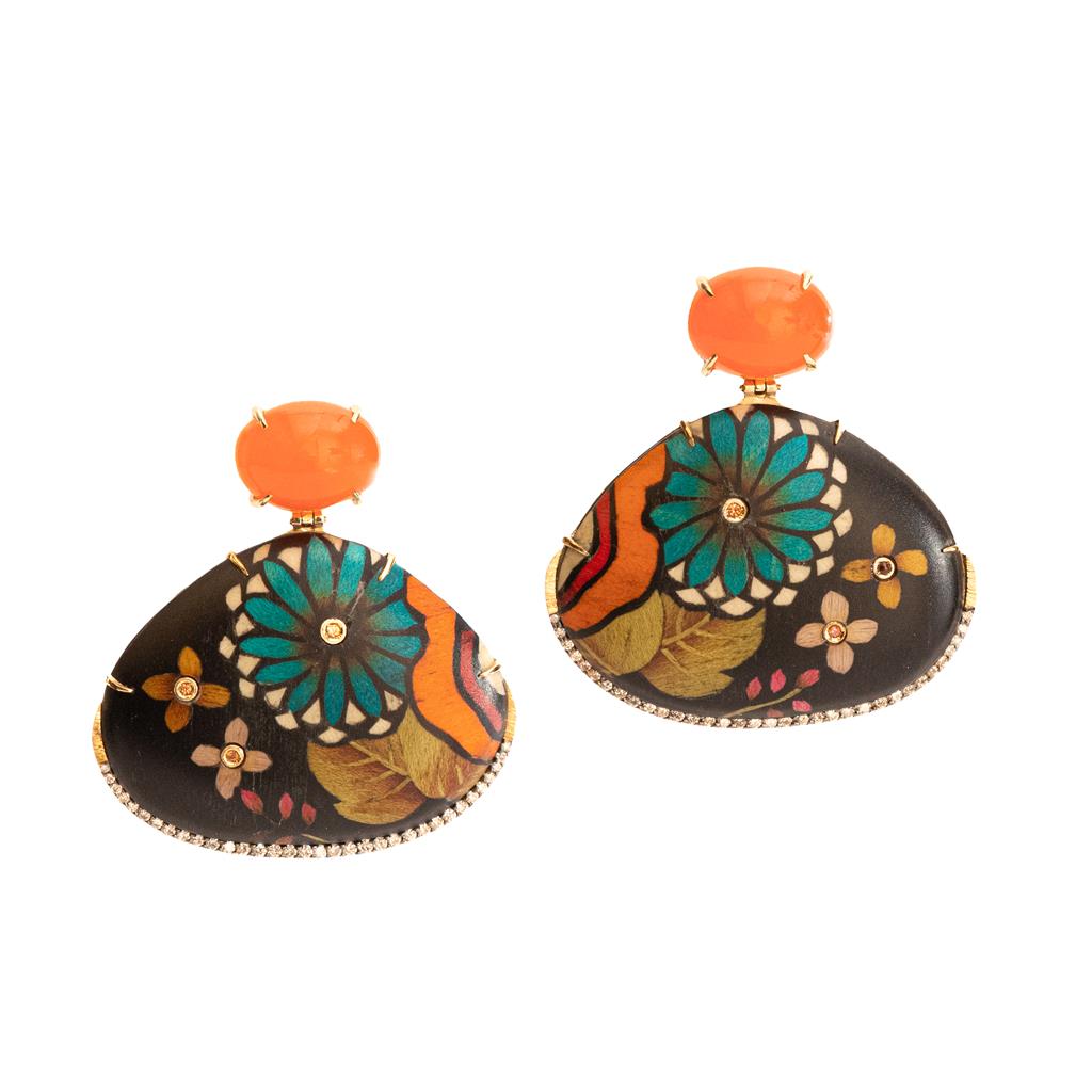 Marquetry Earrings with Orange Sapphire and Carnelian
