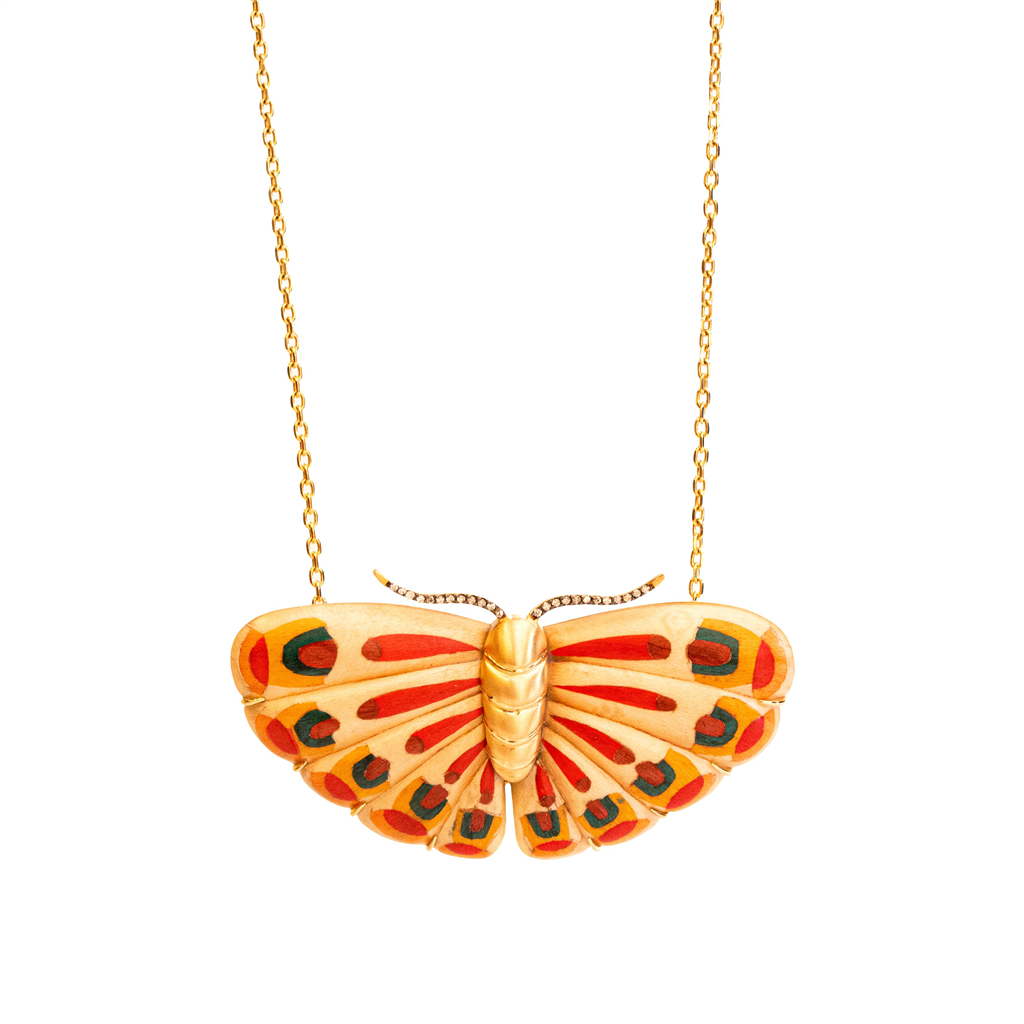 Marquetry Necklace with Diamond and Butterfly Pattern